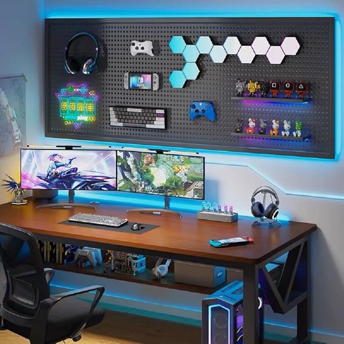 Peg Board with RGB+IC LED Strip Lights,2PCS Metal Pegboard Panels,Heavy Duty Pegboard Gaming Room Wall Organizer with Hooks,DIY RGB Gaming Setup Organizer Peg Board Wall Mounted 12 * 24”