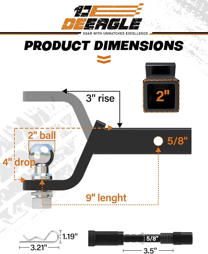 DEEAGLE 2 in Ball Hitch, Heavy Duty Steel Receiver Hitch with 3.5” Hitch Pin Lock, Fits 2 in Receiver, 7500lbs, 4 in Drop, 3 in Rise