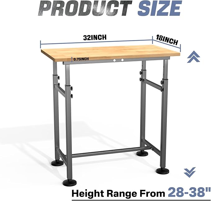 WALMANN Heavy Duty Adjustable Height Workbench 32" x 18", Rubber Wood Top Work Table for Garage, Workshop, 1500 lbs Load Capacity