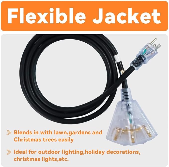 EP 10 Ft Lighted Outdoor Extension Cord with 3 Electrical Power Outlets - 12/3 SJTW Heavy Duty Black Extension Cable with 3 Prong Grounded Plug for Safety, UL Listed