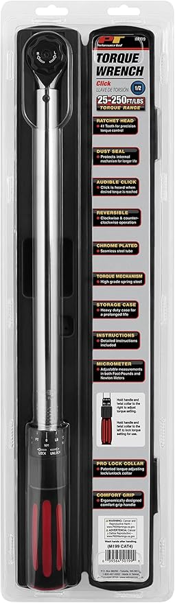 Performance Tool M199 1/2-Inch Drive Click Torque Wrench With Patented Torque Adjusting Locking Collar (25 to 250 ft/lb)