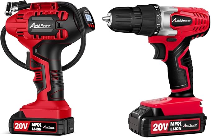 AVID POWER Tire Inflator Air Compressor Bundle with 20V Cordless Drill Set with 22pcs Drill Bits