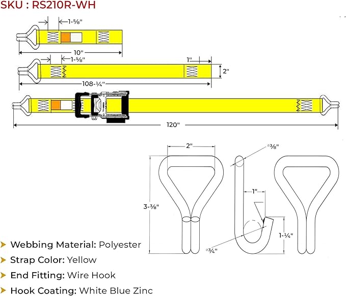 Mytee Products 8 Pack 2" x 10' Retractable Ratchet Straps with Double J-Hook - 3,300 lbs Breaking Strength - Yellow Auto Retract Ratchet Tie Down Strap for Motorcycles, ATVs, Bikes, Boat Trailer