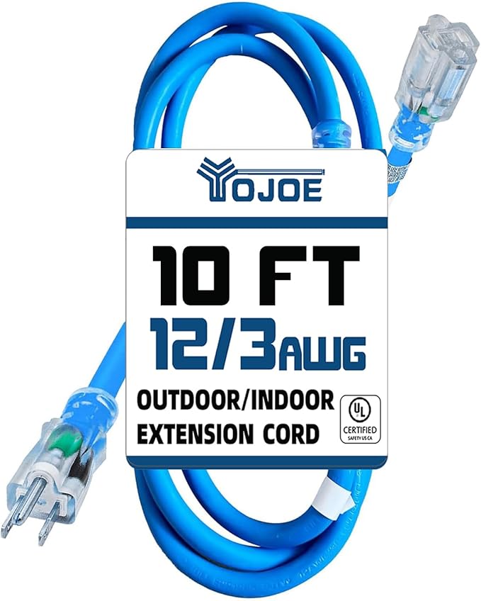 YOJOE Indoor Outdoor Extension Cord with Lighted End, 3 Prong 15A Weatherproof Power Cord, 12 Gauge Heavy Duty 10 ft Blue Extension Cord for Garage, Garden and Home, 12/3 SJTW UL Listed