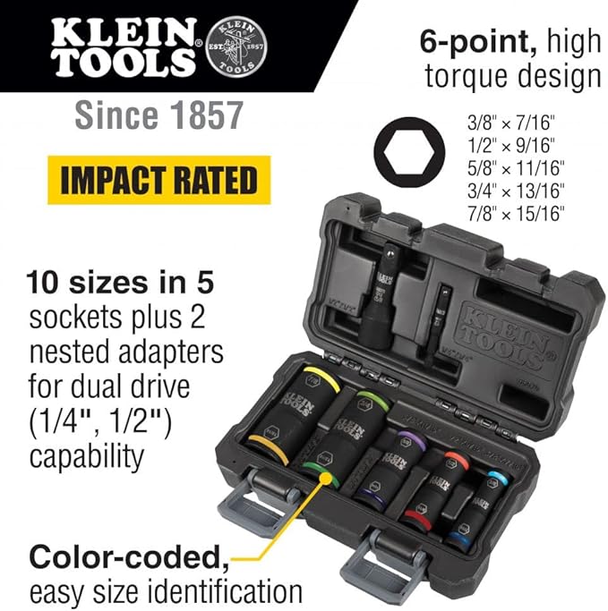 Klein Tools 66070 Impact Socket Set - 5 Sockets & 32910 Impact Driver, 7-in-1 Flip Socket Set with Handle, 6 Hex Driver Sizes plus a 1/4-Inch Bit Holder