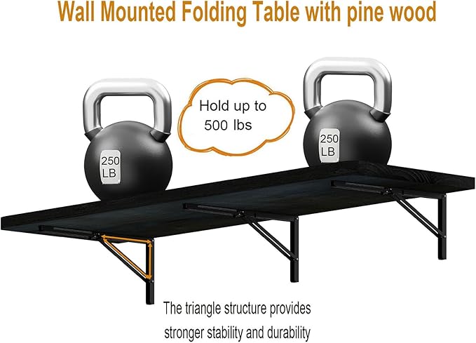 IAE Floating Wall Mounted Folding Table Desk with Pine Wood,60" x 22" Foldable Workbench,Fold Down Wall Mounted Foldable Desk with Shelf Brackets,Laundry Folding Table for Home,Dining,Kitchen,Black