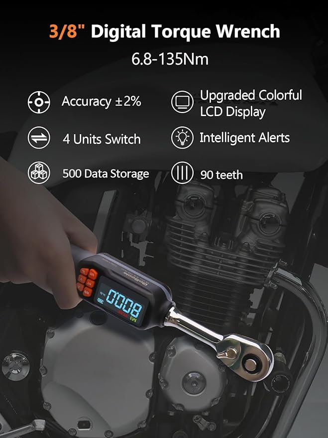 Goseek Digital Torque Wrench 3/8'' Drive, 5-99.6 Ft-lbs/6.8-135Nm, 90 Tooth Torque Wrench with Buzzer & LED Indicator, Electronic Torque Wrench Set for Bike Motorcycle Car Tire Auto Repair