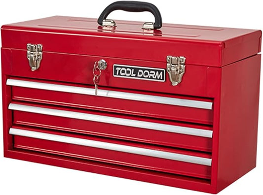 20.3“ Metal Tool Box with Drawer Portable Steel Tool Box with Protective Liner and Latch Closure and Lock for Garage, Home and Warehouse (Red-3 Drawers)