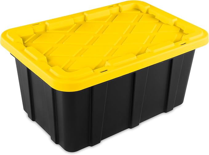 Sterilite 17 Gal Industrial Tote, Stackable Storage Bin with Snap-Fit Lid for Garage, Basement & Attic Storage, Black Base and Yellow Lily Lid, 6-Pack