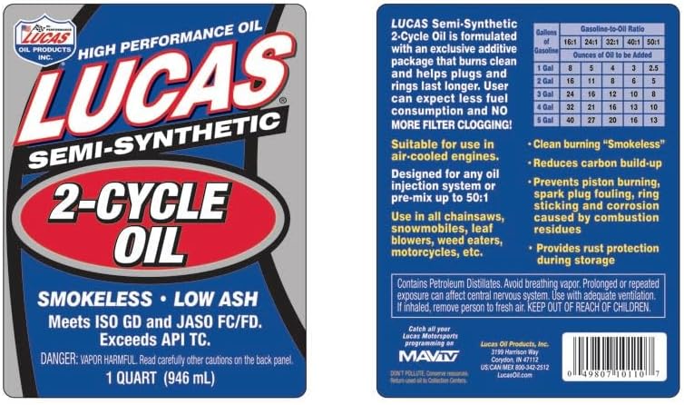 Lucas Oil 10110 Semi-Synthetic 2-Cycle Oil - 1 Quart (Pack of 6)