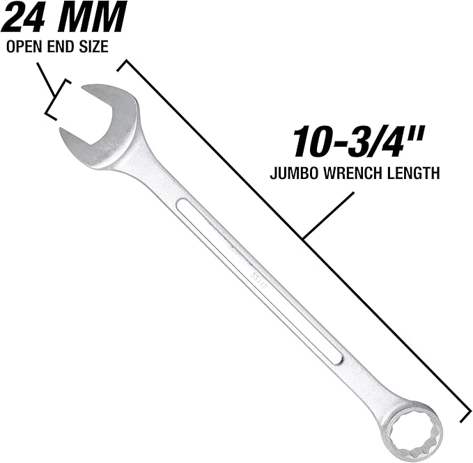 OEMTOOLS 22124 24mm Jumbo Combination Wrench, Chrome Plated, Raised Panel Design, Continuous Curve Open End, Reduces Stress and Damage