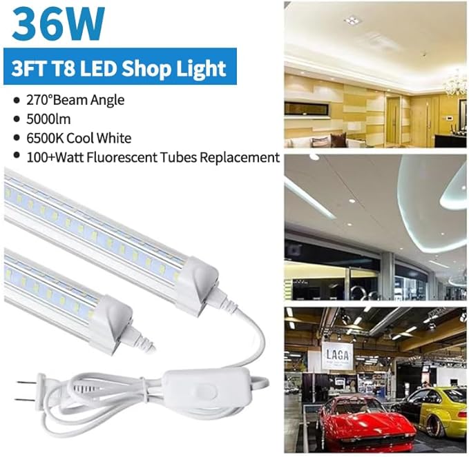 AQIQUUT 3FT Led Shop Light,3FT Lights 36W 6500K 5000LM Daylight,Led Shop Lights 110V Linkable Clear Cover Integrated V-Shape for Shop Garage Warehouse Workshop Commercial Bay Lighting(4-Pack)