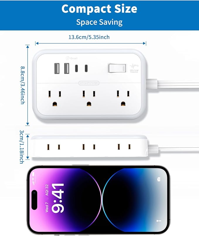10 ft Flat Extension Cord, Flat Plug Power Strip with 6 Outlets 4 USB Ports, Wall Mounted Outlet Extender, Overload Protection for Indoor, Home, Office Supplies, Dorm Room Essentials
