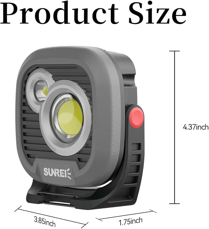 LED Rechargeable Magnetic Work Light SUNREI Mechanic Light Power Bank 180° Rotating,1500LM, 6 Modes,Magnetic&Hook, IPX5 Waterproof, Magnetic Flashlight for Camping, Car Repairing(Gray)