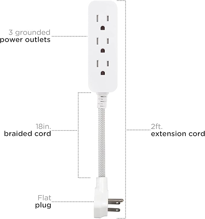 Cordinate Designer Mini 3-Outlet Power Strip, 18 in Braided Extension Cord, Grounded Adapter, Low-Profile Flat Plug, ETL Listed, White/Gray, 47297