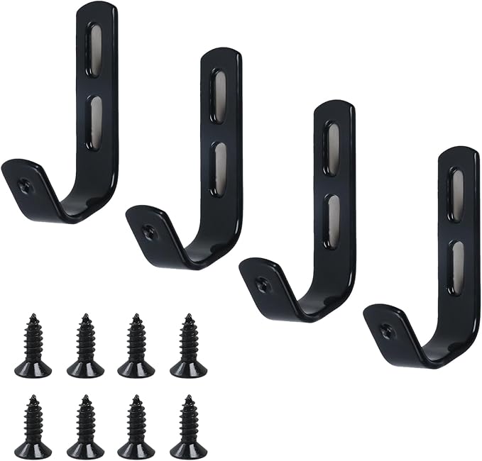 Coshar 4Pcs Stainless Steel J Hook Black 1-1/4 Inch PVC Coated Metal Hardware Brackets Garage Storage Utility Hooks for Bed Decor, Garage Storage, Cable Tool Organization - Black 1-1/4 Inch