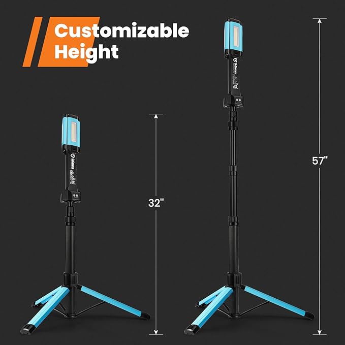 Rechargeable Work Light with Stand, GoGonova Cordless Work Light with Triple LED Lamps, 8AH Battery, 700/1200/2200 Lumen, 4000/6500K Dimmable Camping Light with Detachable Tripod（Blue）