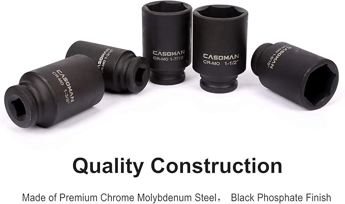 CASOMAN 1/2-Inch Drive Deep Spindle Axle Nut Impact Socket Set, 1/2" Drive Deep Impact Socket Set, Inch, Cr-Mo, 6-Point, 1-3/16-Inch - 1-1/2-Inch, 5 Piece Axle Socket Set