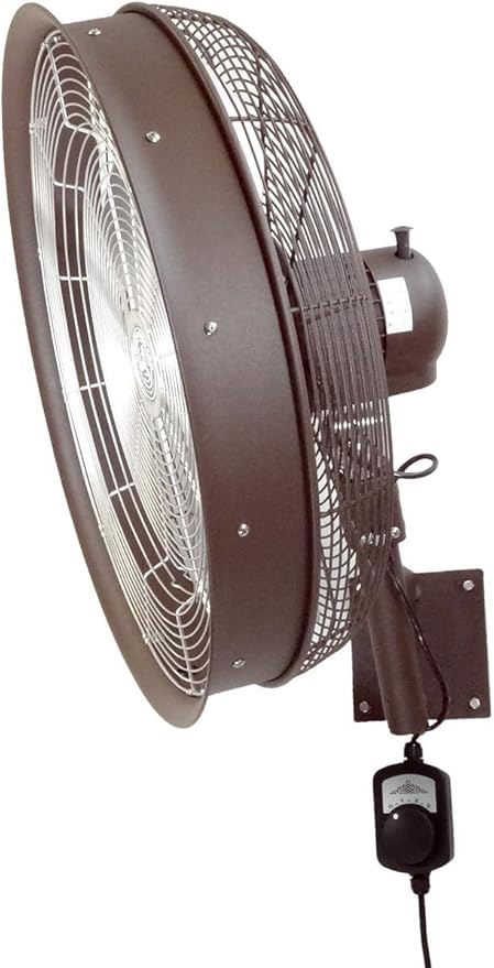 HydroMist Oscillating Wall Mounted Outdoor-Rated Fan, 3-Speed Control on Cord, Alum Fan Blade, Mounting Bracket and Black Cover Included, Residential/Commercial, 24”, Dark Brown
