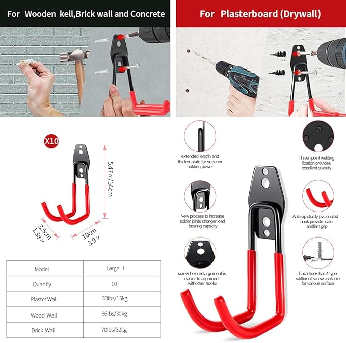 3-H Garage Wall Hooks 10 Pack,Garage Hooks Heavy Duty,Garage Storage Hooks for Hanging and Organizing Garden,Lawn,Yard Tools,Chairs,Ladders,Weed Eater,Shovel,Blower(Red)
