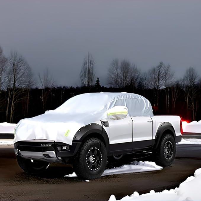 Half Car Cover All Weather Car Body Cover Sunshade Cover Snow Cover Waterproof Snowproof Universal 210D Oxford Fabric (Fit Small/Medium Size Pickup (Crew Cab))