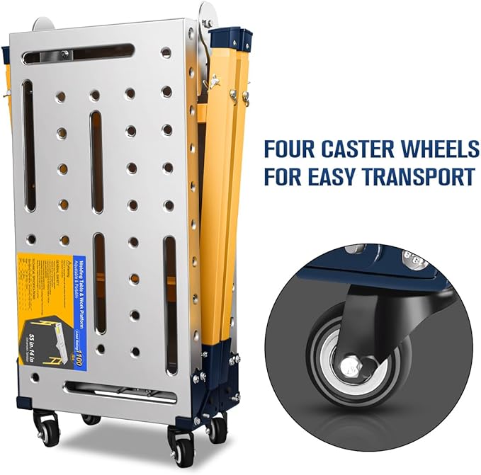 FUNTECK Versatile Portable Steel Work Platform and Welding Table with Casters | 55 x 14-inch Galvanized Tabletop | 1100 lbs. Load Capacity | Adjustable Height