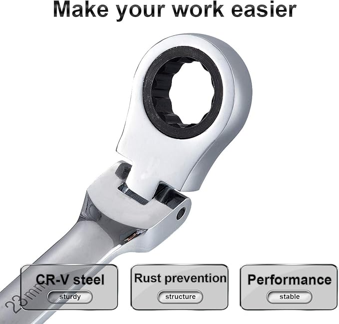 KATUR 23mm Ratcheting Wrench Set Flexible Pivoting Head Ratchet Combination Spanner Wrench Chrome Vanadium Steel Metric Tool (23mm)