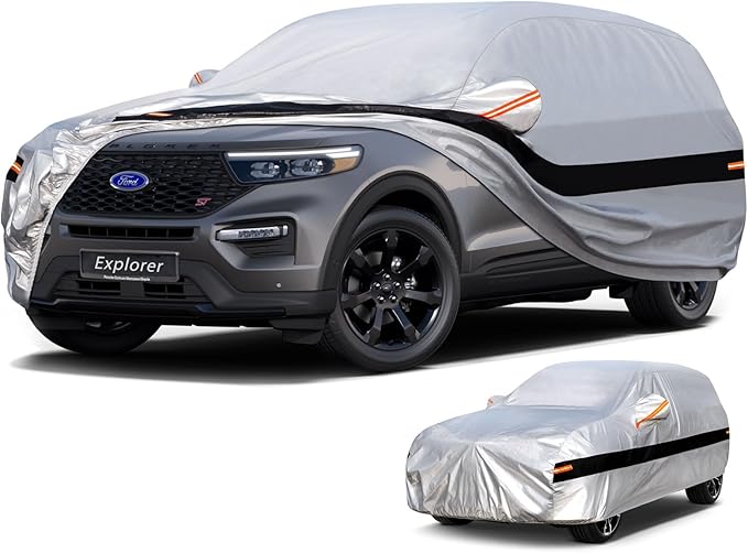10 Layers SUV Car Cover Custom Fit for Ford Explorer (2006-2025), Waterproof All Weather for Automobiles, Outdoor Full Cover Sun Dust Rain Protection with Cotton. Silver