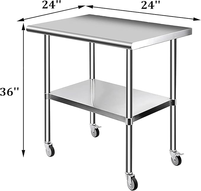 tonchean Stainless Steel Table with Wheels, 24x24 Inch NSF Kitchen Work Table with Adjustable Shelf, Heavy Duty Rolling Food Prep Tables for Home Restaurant