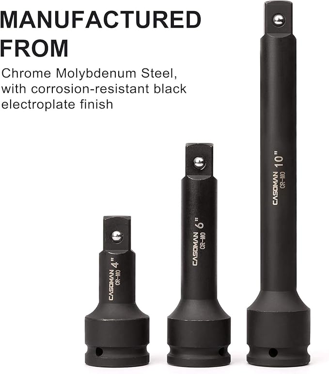 CASOMAN 3/4-Inch Drive Impact Extension Bar Set, CR-MO Steel, 3-Piece Set 4”, 6”, 10” Ext. Bars