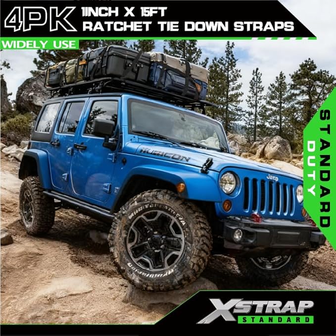 XSTRAP STANDARD 4 Pack 1" x 15' Ratchet Tie Down Straps - 630 Lbs Load Cap, 1890 Lbs Break Strength, Heavy Duty Cargo Straps for Moving, Truck & Motorcycle, Black