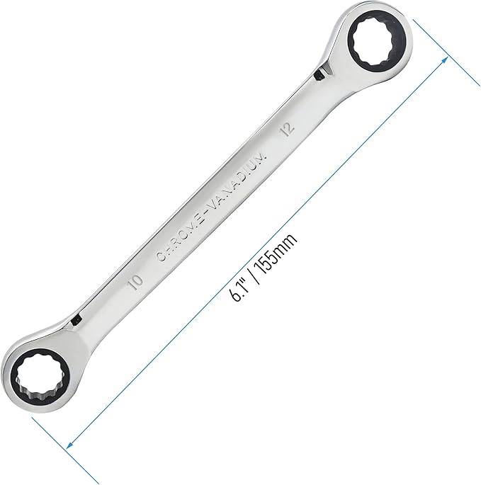 Double Box End Ratcheting Wrench 10mm x 12mm Metric 72 Teeth 12 Point Ratchet Gear Spanner Tools, Heat-Treated CR-V