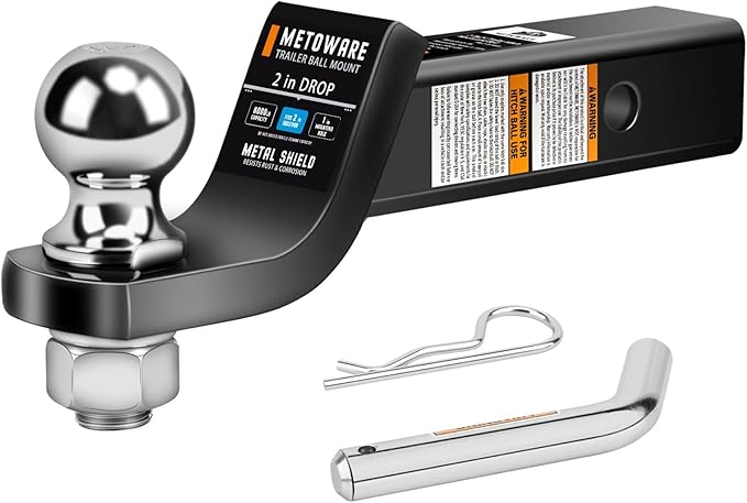 METOWARE Trailer Hitch Ball Mount, 2" Drop Hitch with 2" Ball, 6,000 lbs GTW Fits 2" Receiver for Truck SUV Boat RV, Solid Steel Towing Kit with Hitch Pin & Clip, Black