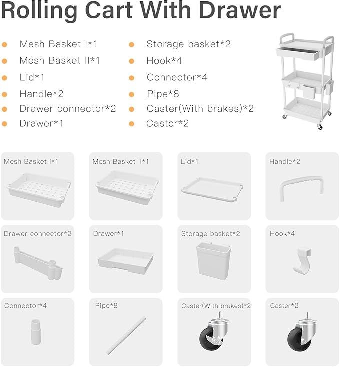 3 Tier Rolling Utility Cart with Drawer,REBECAT Utility Cart Made of Multifunctional Storage Organizer Tool for Kitchen,Bathroom,Living Room,Office(White)