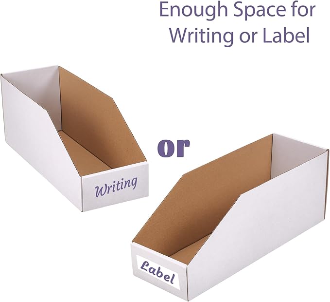 EXYGLO Cardboard Storage Bins 50 Pack, 12x4x4.5 Inch Cardboard Boxes, Corrugated Organizer Bins for Pantry, Shelves, Garage, Office, Shop, White