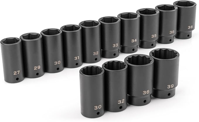 TEKTON 1/2 Inch Drive Deep 6-Point and 12-Point Axle Nut Impact Socket Set, 14-Piece (27-39 mm) | SID92002