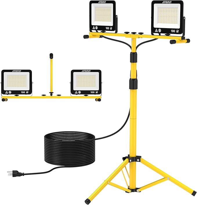 AUTOUTLET 2 Head LED Work Lights with Stand, 19000LM Adjustable Head Tripod Work Light with 16.4ft Cord, 288Pcs LEDs Beads, 3 Color Temperatures, IP66 Waterproof for Garage, Outdoor, Construction