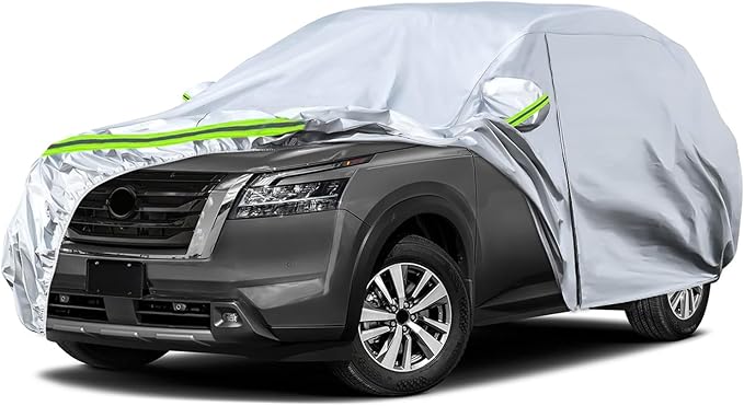 Waterproof Car Covers Replace for 2012-2025 Nissan Pathfinder, 6 Layers Silver All Weather Custom-fit Car Cover with Zipper Door & Windproof Bands for Snow Rain Dust Hail Protection