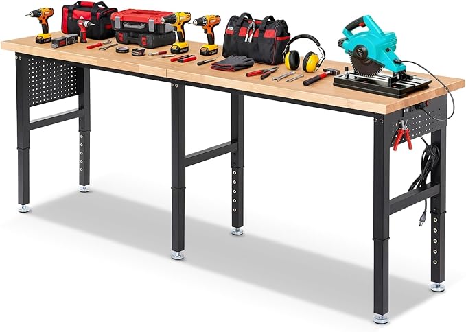 ENJOYWOOD Work Bench 96 Inch Heavy Duty Work Table with Power Outlets & Extended Pegboard Adjustable Height 5000 Lbs Load Capacity Workstation for Garage, Workshop, Home, Office