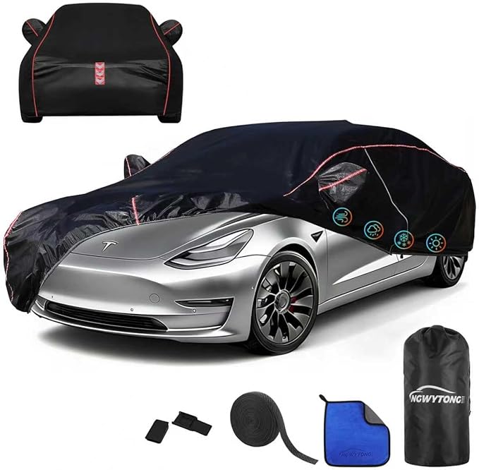 Car Cover for Tesla Model 3 2017-2025,All-Around Fastening 60s Quick-Install, 4 Upgrades for Car Cover Waterproof All Weather