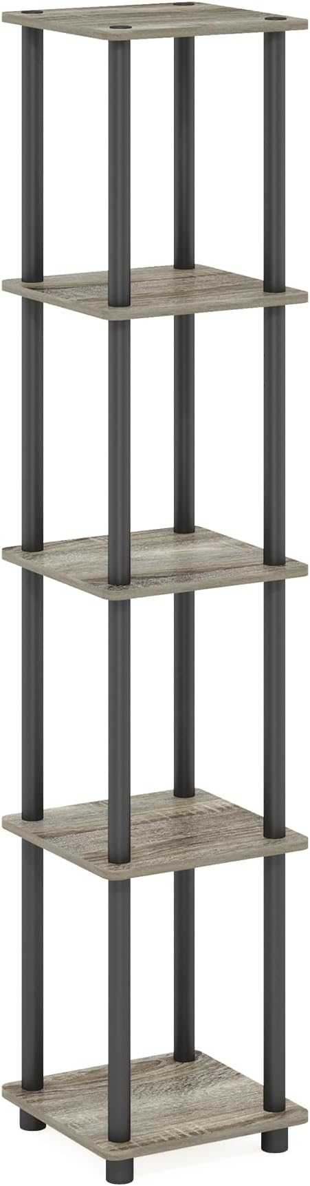 FURINNO Turn-N-Tube 5-Tier Corner Square Rack Display Shelf, Round, French Oak Grey/Black