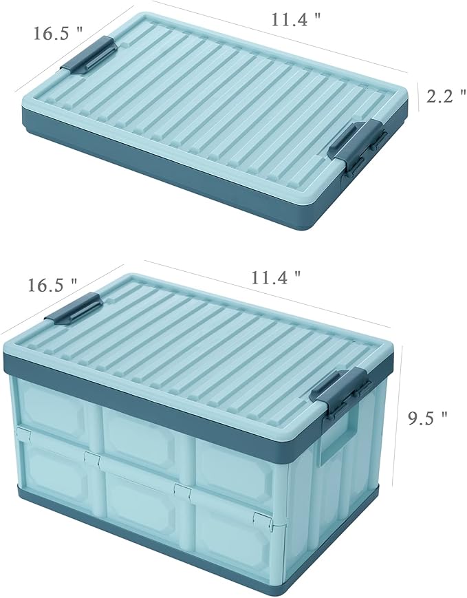 Blue Folding Plastic Stackable Utility Crates 2-Pack, Collapsible Storage Bins with Lids 30L, Durable Containers for Home & Garage Organization