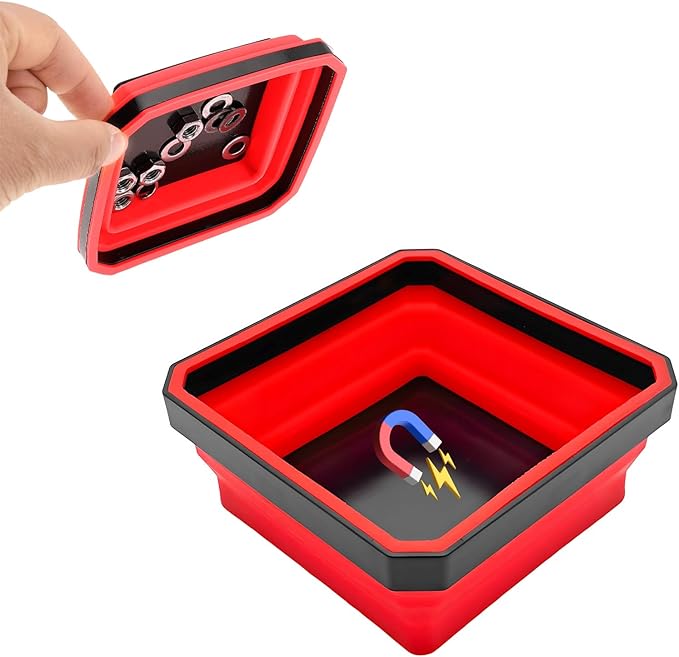 Collapsible Magnetic Parts Tray, 4.5 Inch Foldable Magnetic Square Silicone Tray, Tool Tray Set with Double-Sided Magnetic Base for Screw Bolts Nuts Pins, Car Accessories (Red)