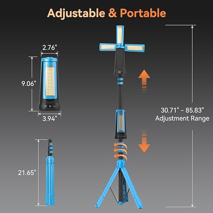 Rechargeable Camping Light with Stand 7ft Max Height, 15000mAh Portable Cordless LED Work Light, 5500 Lumen 6500/4500/3500K Dimmable Emergency Flashlight with Detachable Tripod, Blue