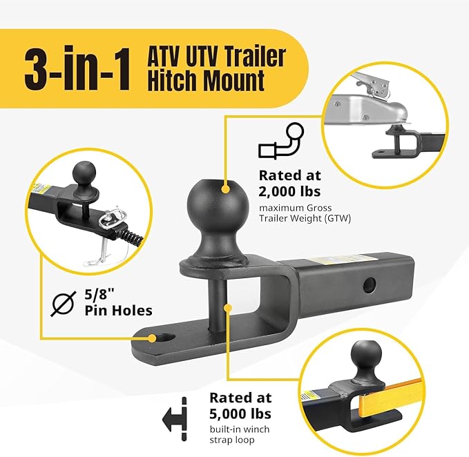 MaxxHaul 51172 3-in-1 ATV UTV Trailer Hitch Mount – 3,500 lbs GTW / 350 lbs TW – 2" Hitch Ball with Winch Strap Loop, 2" Shank, 1/4" Rise, Fits 2" Receiver