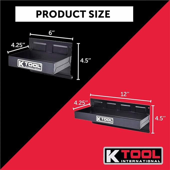 K Tool International 72462A Magnetic Toolbox Shelf, Tray, and Holder Set for Garages, Repair Shops, and DIY, Rubber Coated Magnets, (2) Trays, (1) Paper Towel and Spray Can Holders, Black, 4-Piece