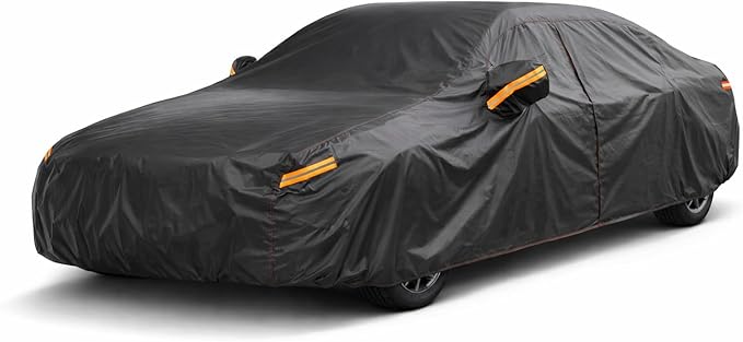 Full Size Sedan Car Cover Waterproof, 6 Layers Heavy Duty Outdoor Car Cover Universal Fit for Chevy Impala, Ford Taurus, Buick Lacrosse, Cadillac XTS/CT6, BMW 5 Series, Benz E-Class