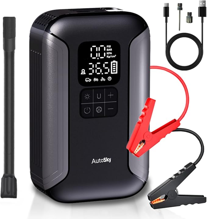 AUTOSKY 2-in-1 Jump Starter with Air Compressor – Starts Up to 6.0L Gas and 3.0L Diesel Engines – Portable Tire Inflator, LED Flashlight & Power Bank – Emergency Car Tool for SUV, Truck, Motorcycle