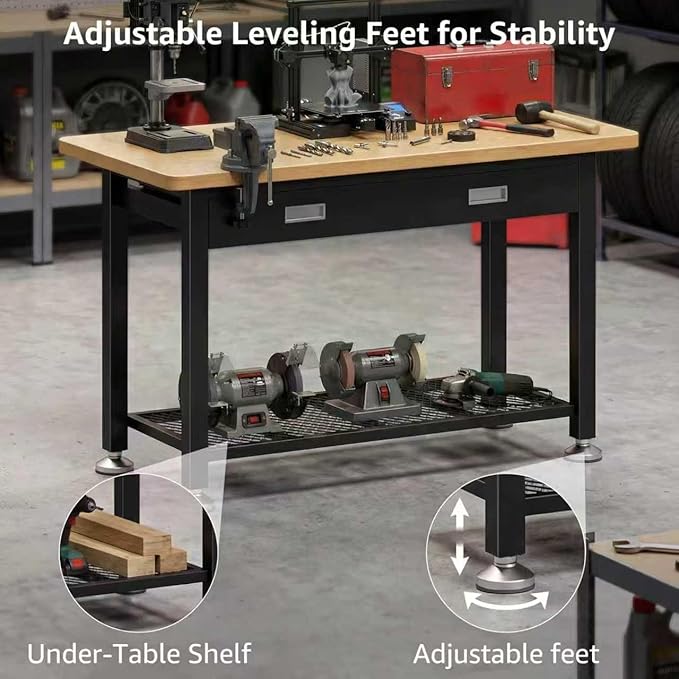 47.2" Heavy Duty Work Bench with Drawer and Storage for Garage, Small Wood Top and Metal Work Table for Crafts, 3D Printer Reloading Bench, Tool Chest Workbenches Crafting Table Working Station