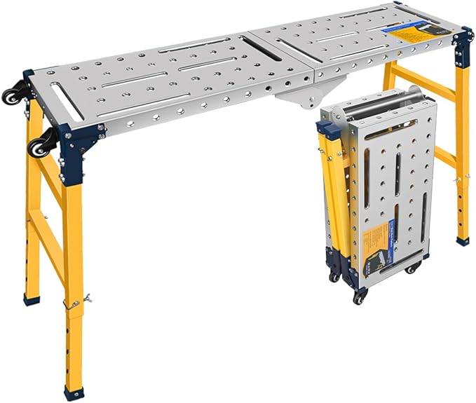 FUNTECK Versatile Portable Steel Work Platform and Welding Table with Casters | 55 x 14-inch Galvanized Tabletop | 1100 lbs. Load Capacity | Adjustable Height